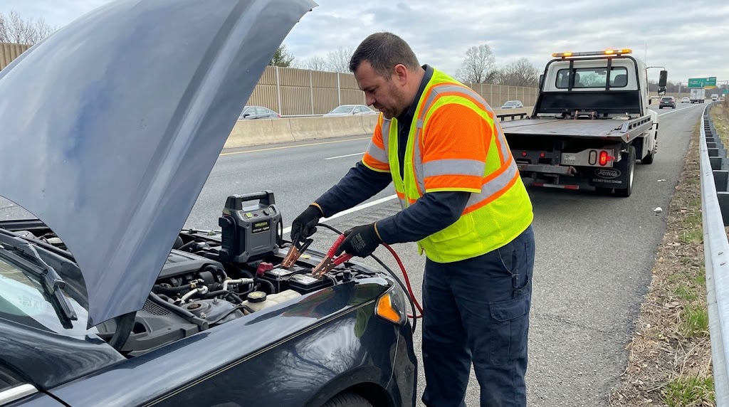 Technician performing 12V battery and alternator diagnostics in New Jersey