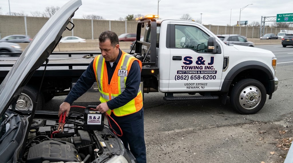 Professional battery booster pack jump starting a vehicle in New Jersey