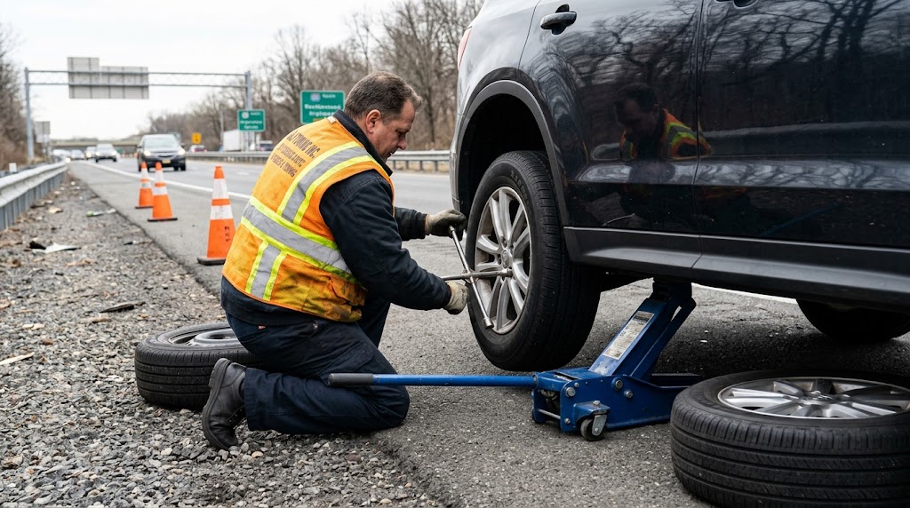 Roadside flat tire change in progress in New Jersey