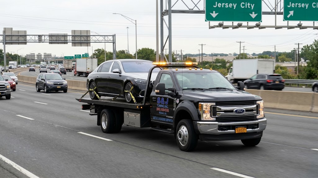 S & J Towing securing a sedan on a flatbed in New Jersey
