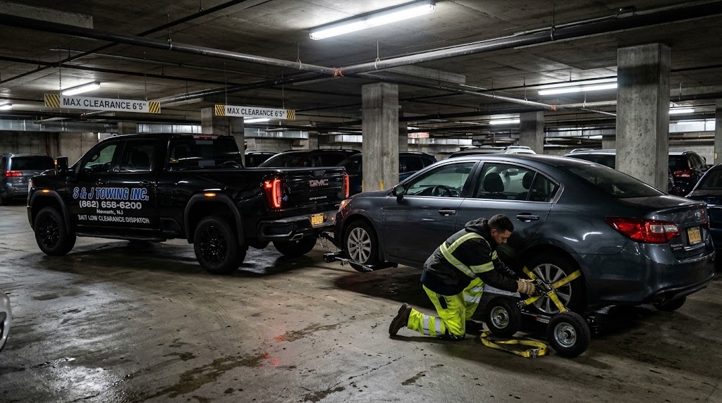 AWD dolly towing system inside low clearance parking deck in New Jersey
