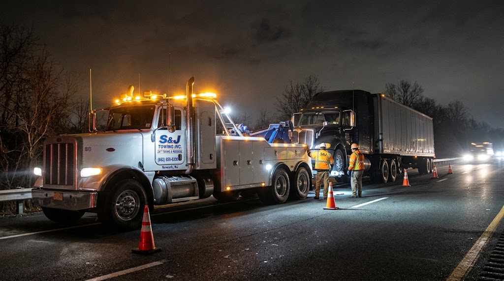 24/7 Night emergency heavy duty recovery scene on New Jersey highway