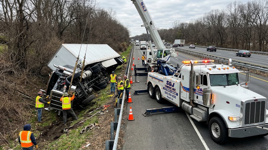 Heavy duty semi truck rollover uprighting and recovery in New Jersey