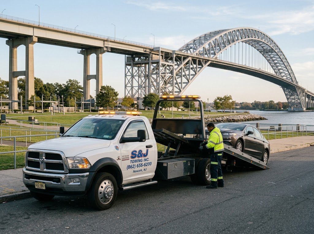 S & J Towing Truck Operating at Jersey City Waterfront in Hudson County NJ