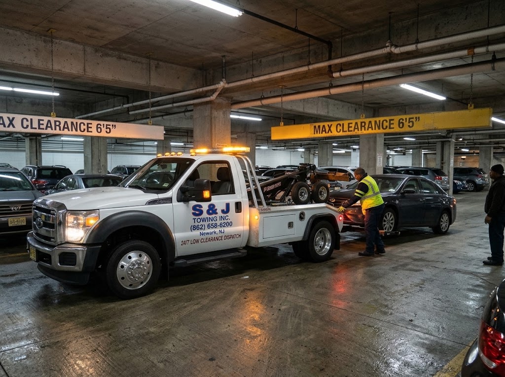 Low profile wrecker towing car in underground parking garage in New Jersey