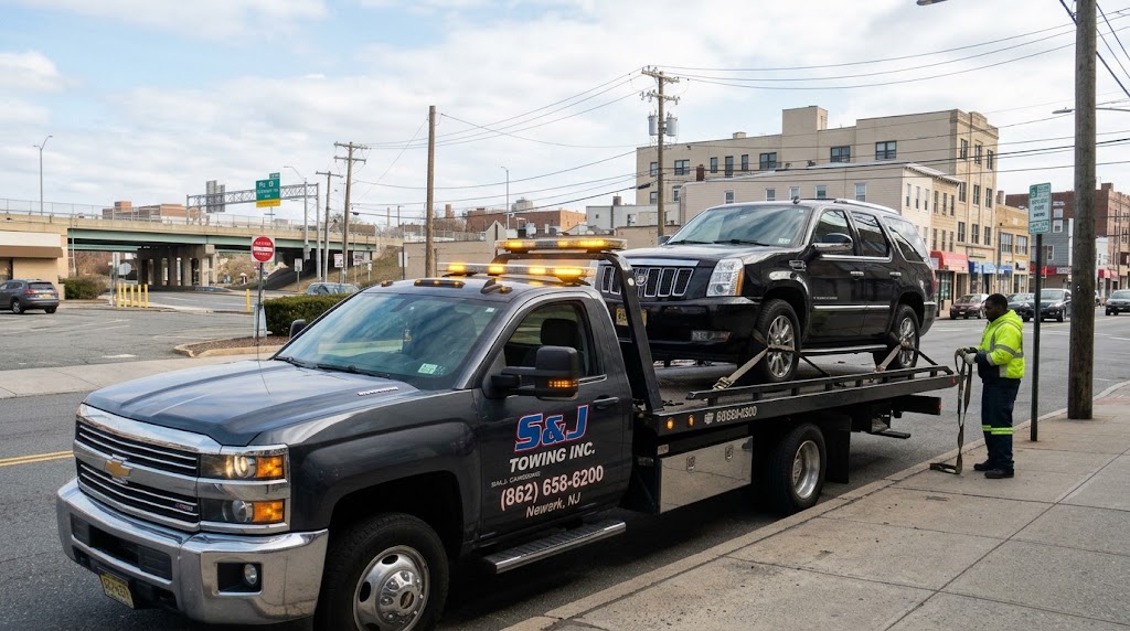 S & J Towing operator securing an SUV in Passaic County, NJ