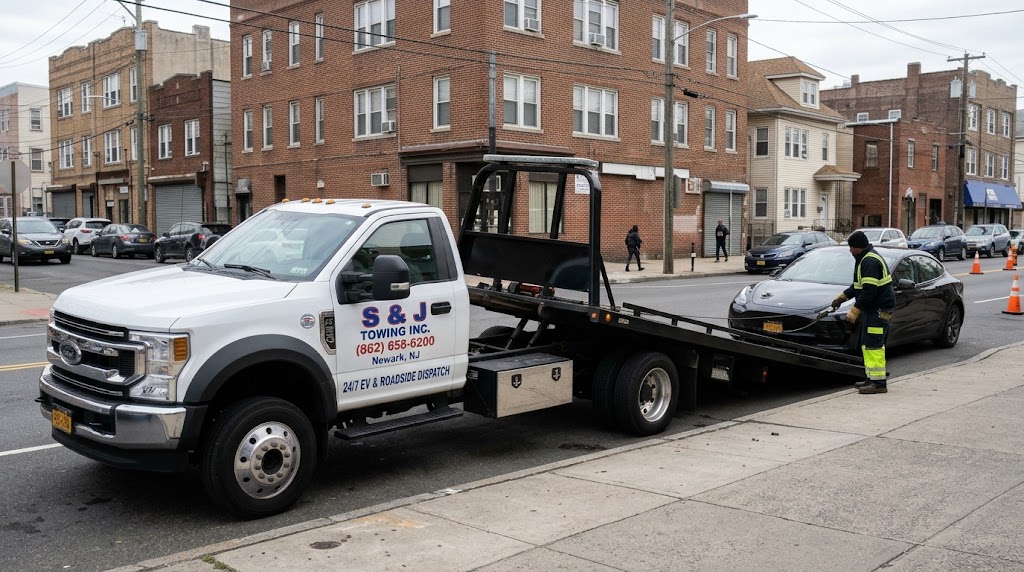 S & J Towing tow truck in action in Paramus, NJ